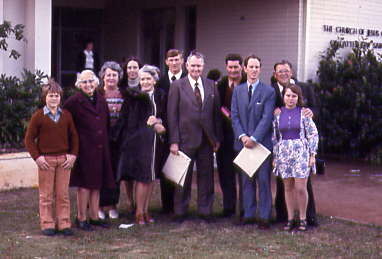 Some of the Saints from Albany (l to r).  Derek Thompson, Sis. Blackham (Missionary), Sis. Johanson, her daughter, Sis. Ewell (Missionary), Bro. Stan Rogalski, Pres. Ewell (Missionary and Pres. of the Bunbury Branch), Bro. Haddrill, Pres. Duffield (Pres. Albany Branch), Elder Blackham (Missionary), Sis. Elaine Thompson
Gerald Leland Gudmundson
07 Dec 2009