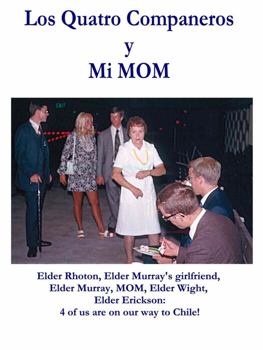 From mission scrapbook.  The 4 elders are labeled.  Elder Wight's mother brought his favorite cake (cherry) to the airport.  Elders Erickson & Wight are sitting on the bench, eating it.
Stephen Earl Wight
18 Dec 2015