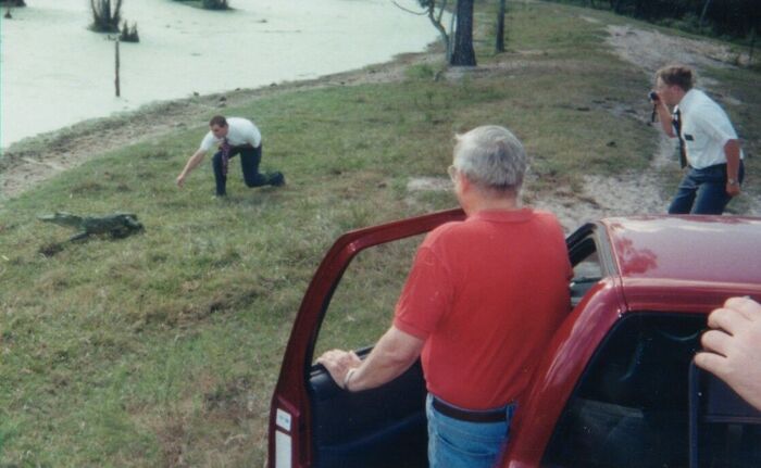 Aaron stealthy moves toward a young gator, only to have the terrified gator turn and run in terror from this fearless, well-dressed red neck.
Gerratt D Bethers
31 May 2003