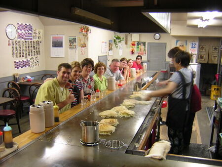 Remember the great tasting Okonomiyaki your Japanese companian would make for you (Well at least my companion did).  Anyway, this pic is down in Hiroshima.  Hiroshima is famous for Okonomiyaki.  The make it with soba noodles--tottemo oishii desu yo!!
Brett  Humphrey
30 Jan 2005