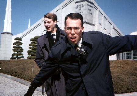 This is Elder Nebeker and Jaggi acting silly for the camera in front of the Seoul Temple.  Taken in the winter of 1994.
Darren D. Jaggi
28 Sep 2004