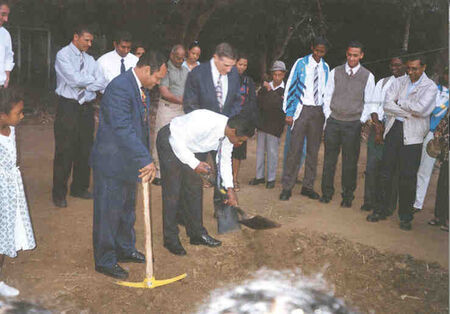 This is the groundbreaking for the first chapel to be built by the Church in Mauritius.  The picture dates from June 2001.  The chapel was dedicated in January 2002.  Removing the first shovel full of dirt is Laval Pointu, a recently baptized convert.  Al
Isaac Keith Jacob
21 Feb 2002