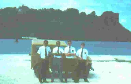 This photo was taken for an Ensign Article (never used) Sokehs Rock in the back. Elders Gabriel Nauahi; Sapena Famuina; Chris Harrison and Alan Winter with their 3 cylinder Suzuki Jeep.
Chris  Harrison
28 Jul 2003