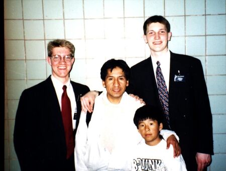 This is Elder Reeves and me after we baptized Fernando Hilarion.  He is seen here with his son.
Carl Michael Sticht
19 Jan 2002