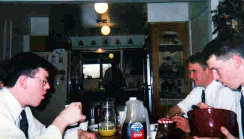 Many of you will attest to the awesome breakfast at Homer Hardy's home in Reno every P-Day.  Here we see Elders Atkins (left), Larson (front right), and Haynes (back right).  Kind of dark but in the back middle is Homer.
Thomas M. Fernandez
04 Oct 2002