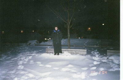 Sister Bethany Byington standing on a park bench in Rome NY that has been buried in snow
Loretta Byington
04 Apr 2004