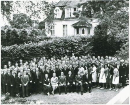 This picture shows President Moyle and Elder Hinckley, together with President and Sister Burton of the European Mission Area, and President and Sister Gunderson all seated in the front row.  Elder Oak stands in the upper right of the standing Norwegian-Mission Missionaries.
Harold  Oak
31 Dec 2005