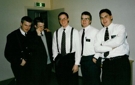 The Christensen Brothers, Elder Balzen (myself), Hoopes, and Schow.  The suspenders were a gift from these guys. (I still have them.)
Allen  Balzen
20 Mar 2006