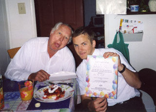 This is me (Elder Orme) and Elder Pulver at my 21st Birthday in Grayson Kentucky.  It was taken April 29, 2003.  Sister Pulver made me some delicious waffles and gave me a happy birthday card.
Evan  Orme
26 Nov 2003