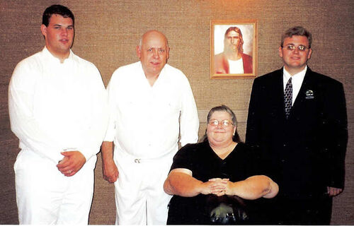 The Baptism of Bro. Bill Crow. Bro. Crow was baptized by Elder Tew
(Left to right) Elder Jeffery A. Tew, Bro. Bill Crow, Sis. Judy Crow, Elder Michael H. Cox
Michael Hyrum Cox
08 Feb 2003