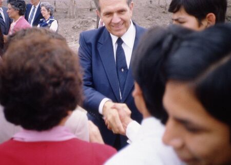 Lima Temple ground breaking.  Elder Packer shaking hands with my comp, Elder Torres
Brady  Sines
26 May 2009