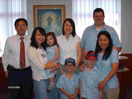 Here we are at the Church office with Norman, Jean  and Margaret (we're the ones with the matching shirts).  Our girl September, and our boys Steiner and Augustus (from left to right and youngest to oldest) and Dinah and I.
Brandon Alexander Pendell
16 Aug 2009