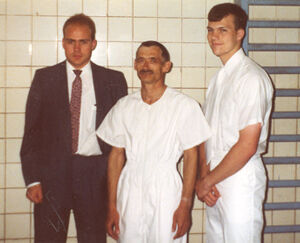 We had no fonts so we baptised in either swimming pools, bath houses, ponds, lakes or rivers.  This one was a swimming pool baptism in Minsk, Elder Ericson, 'little' Sergei, Elder Griffiths in 1993.  After laying on of hands at the pool side I could see the spirit like a fire in his eyes.  I asked him how he felt, he opened his mouth but couldn't speak.  I told him he was feeling the gift of the holy ghost.  After a minute he said 'now I know why I needed to be baptised again' (he had been previously baptised in another church and couldn't understand being rebaptised even though we had explained it to him.)
Rex  Griffiths
11 Apr 2005