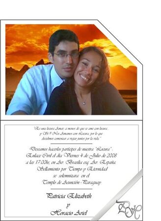 Es la tarjeta de invitacion, si la quieren completa envien sus emails...garciaha@ldsces.org o feencadapaso@gmail.com
Horacio Ariel Garcia Cabrera
08 Jun 2008