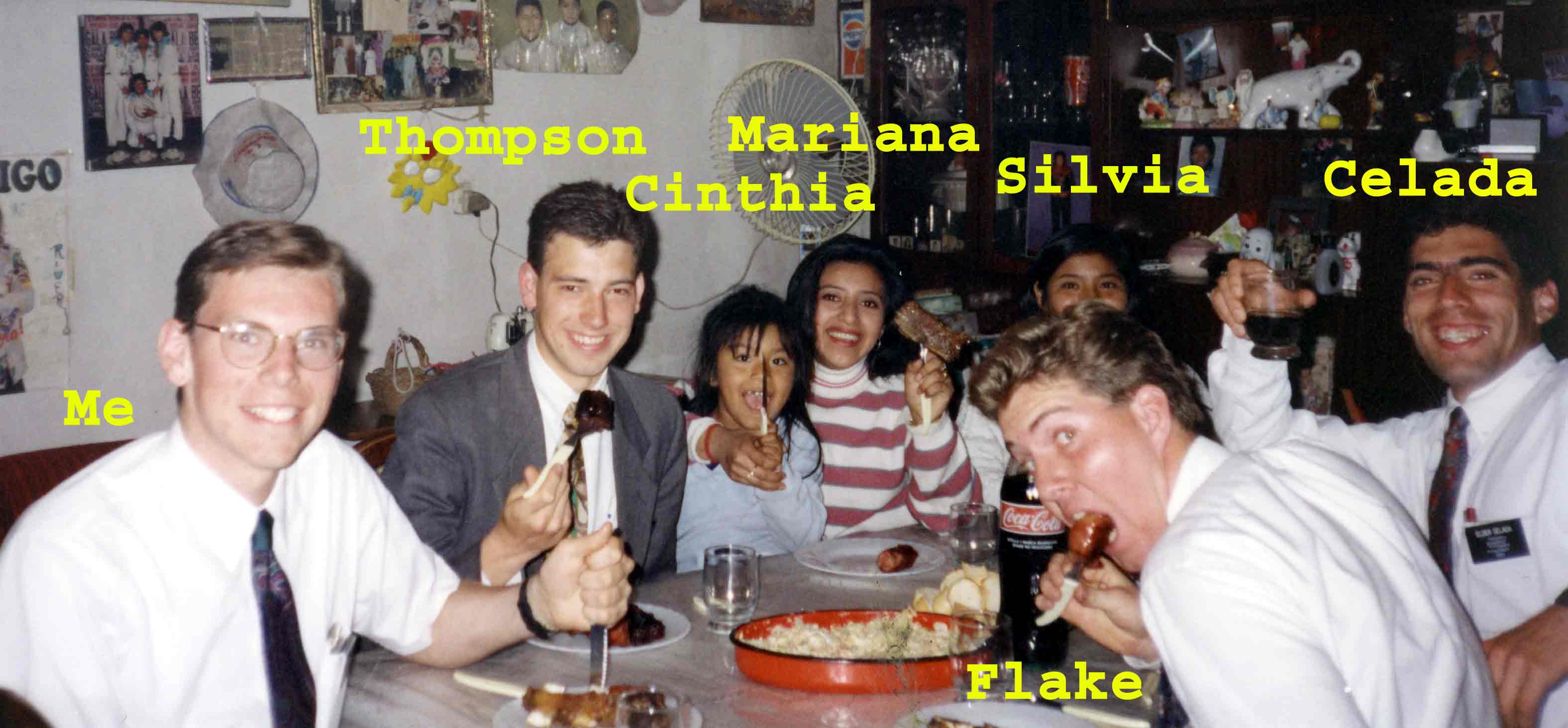 This was taken at a dinner at the Cruz Family's House.  Mariana and Silvia Cruz was baptized and later came to Utah where they both met fin RM's and married and last I heard are living happliy in Utah raising families.
Nathan W Hiatt
17 Mar 2006