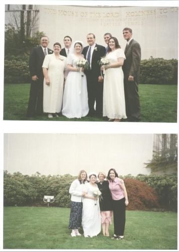 La boda de Phame y Doug Jensen (aka la Hna Brunner), templo de Seattle Washington, con la familia de Phame.  Abajo, las hermanas Christiansen, Brunner, Nicholls, Hill
Lindsae Marisa Johnston
09 Oct 2002