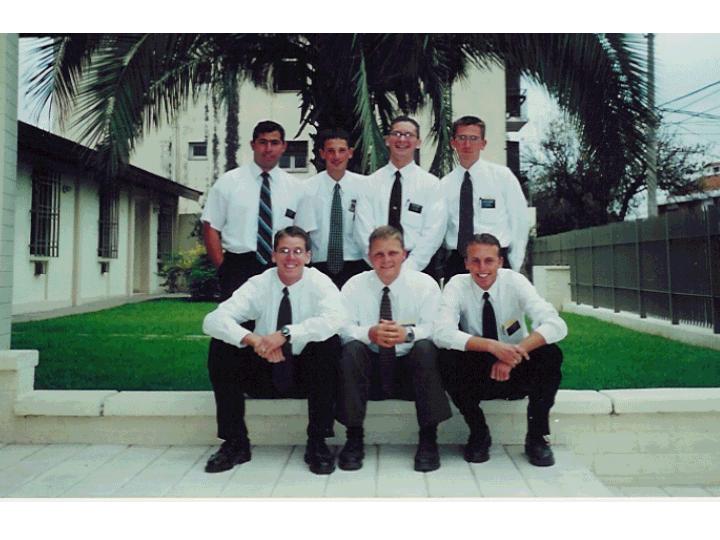 Taken at the Stake Center in Salta (Boedo 56).
The Elders shown are (back left to right) -- Barreto, Ciciaro, Hancey, Diamond --- (front left to right) ---  Warner, Harames, Robinson
Bryan C. Robinson
29 Aug 2001
