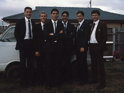 Christmas Eve 1982, with the Pride of Footscray (L - R) Bastian, Bergquist, Modlik, Franco, Fulkerson, Graham. we're at the Santana's (a lovely Peruvian family), out in Werribee. (Brother Santana was, at the time, on the High Council; that evening they entertained the missionaries and a number of local members.)
Dave  Bastian
28 Nov 2002