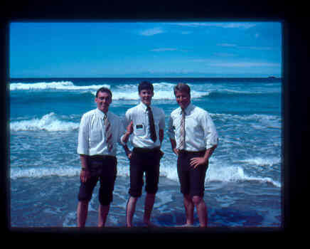 Elders Kent Streuling, Harry Woods, and Mike Olsen on a beach near Port Arthur on the Southern tip of Tasmania.  We had to wade through a cave of icy cold water in pitch darkess to get here, but the view was worth it.
Harold Kent Woods
23 Oct 2007