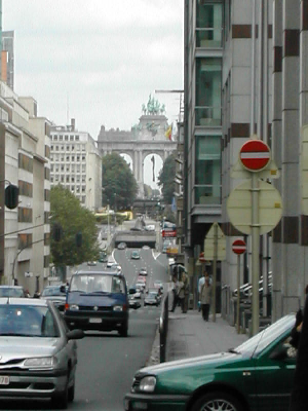 This is a view (I'm pretty sure) looking from the area of the Arts-Loi Metro station (not far from the US Embassy) down past the Maelbeek Metro Station (you can barely make out the sign lower left) past the EC Headquarters.
Bill  Hartsell
16 Feb 2004