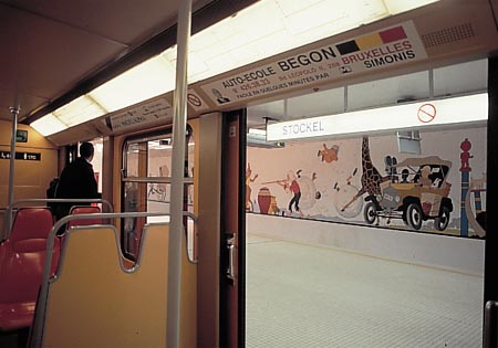 Anyone who served in Brussels spent probably 2-3 hours a day on public transportation.  I had the Metro and tram maps memorized, and a few of the buses too.  This photo was taken at the Metro Stokkel, which some of you may recognize by the TinTin art.  The Brussels Metro is famous for it's stations, as they are each designed to feature artists and their art.
Bill  Hartsell
16 Feb 2004