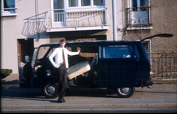 Elder Cash and I took a 4-5 day trip across the mission one week.  Our purpose was to close a few apartments, open a few new ones, and move furniture between them.  This was the 2nd mission van we employed during my stay....we used up the first one.  This was taken, I believe, in Toul.
Bill  Hartsell
27 Mar 2005