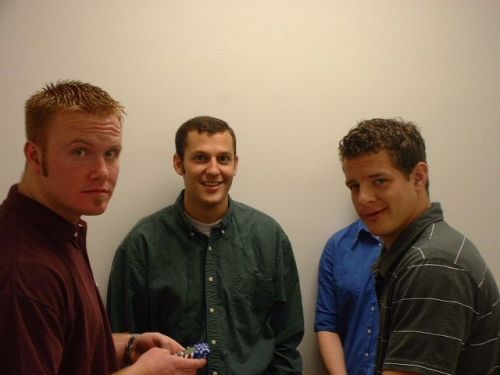 The cell phone boys, from left to right: Ryan Lindsay, Jeremy Hadley, and Sam Hickcox. Hadley's wife, Kassie, is hidden in the background.
Greg  Dunn
29 Apr 2002
