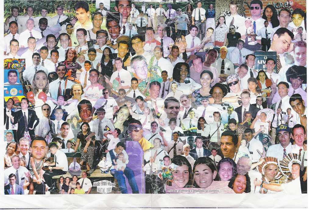 Esta foto contem os missionários que estavam servindo na maior missão no mundo, a Missão Manaus, durante a época mais poderosa dela: 1997.  A foto foi construida e distribuida bem perto do Natal 1997.  Será que alguêm se lembra dessa?  :-)

A foto de tamanho grande pode se ver na seguinte URL:

http://www.personal.psu.edu/gls175/missao_manaus_1997.jpg

Fiquem firmes e felizes!  E muito obrigado para aqueles que construiram aquela foto nove anos atrás (NOVE anos?!?  Ma' rapaz!).
Gary Lee Sheppard Jr.
15 Oct 2006