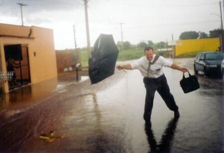 Elder Connor fighting his way upstream, against the wind and rain, to get to his next apointment.
Patrick Michael Connor
14 Jan 2004