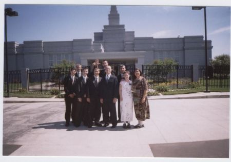 Back Row: Elder Page, Elder White (blocked by hand), Elder McCabe, & Elder Silitoe.
Front Row: Elder Moser, Elder Newman, Elder Fowers, Elder Jones, Sister Moon, & Sister Molina
Robert Corey Newman
03 Aug 2003