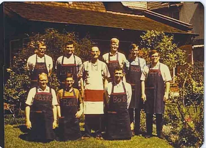 President Earl's Aunt Ellen came to visit during the Christmas season in 1970.  She made all the mission home staff a Christmas Apron.  Front row:  Greg Melven (Alaska), Paul Gillespie, President Earl, Bob Cowan.  Back row:  Breck Barton, Bill Wright, Ian Miller, Rod Ellis, Mike Bailey.
Greg J. Melven
04 Dec 2006