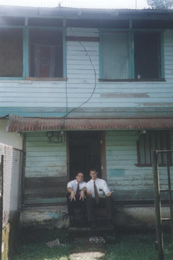 Elder Martin from Idaho (Left) Elder Pickering from Utah (right) in front of the house in Golfito.  Sweet Zona Sur baby!
Marc S Pickering
19 Nov 2002