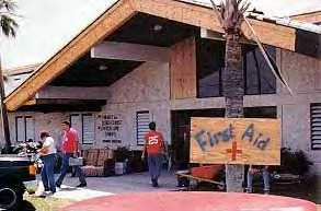 The heavily damaged Homestead Florida Stake Center was made into a temporary first aid station.
Matt D George
15 Oct 2003