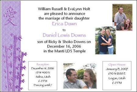 Here is a wedding announcement for all those that are interested
Erica Dawn Downs
04 Dec 2006