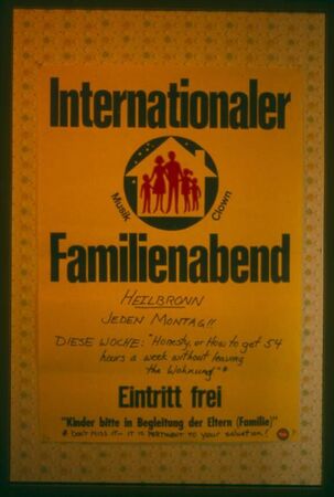 Photo of a remnant Poster from the 1972-74 Familienabend Band that toured the mission.  Local missionaries would advertise with the posters and personal contacting.  This poster was modified for decorative purposes at the Wilhelmstrasse 46 Wohnung in Heilbronn.  Photographer - Elder Luker
Lynn M.  Luker
08 May 2006