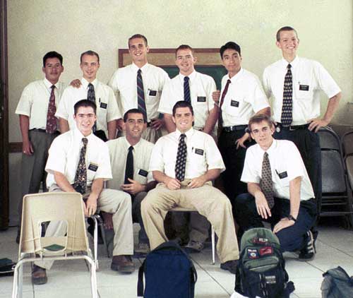 Here is the Santa Elena Zone in June of 2001. Taken in the chapel in San Ignacio, Belize. Elders: (Back row) Loarca, Turner, Trampleasure, Hewitt, Guzman, Daniels  (Front Row) Deaton, Ludlow, Campbell, Alley.

(Click for better resolution.)
Phillip Ludlow
25 Apr 2002