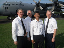 From left: President Dean C. Jensen, Indonesia Jakarta Mission; Elder Tom Palmer, Country Director; Elder Subandriyo, Area Authority Seventy from Indonesia; and Garry Flake, Church Welfare Department, standing in front of one of the C130 cargo planes. (Photo courtesy President Dean C. Jensen)
Ralph R. Zobell
05 Jan 2005