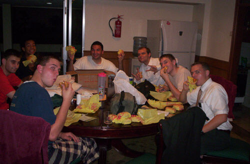 Some of the missionaries in the zone after the meeting with kevin miller (we had to order mcd's because it was 930 at night.  9 elders ordered 44 cheeseburgers. it only cost about $55!)
David Brewer
10 Jun 2006