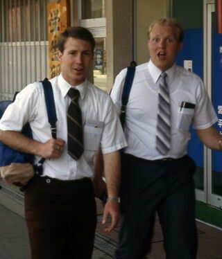 Elders Stirland and Foy genkily sharing the good news.  Probably taken in Himeji or Kakogawa, 1981
Brad  Goodwin
30 May 2006