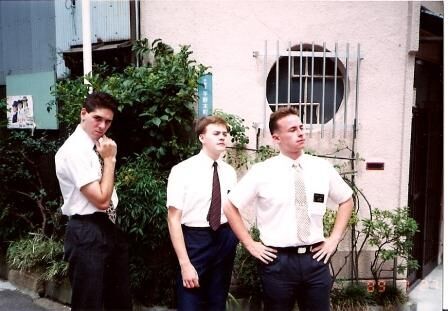 Elders Wagner, Carney and Ray go for the GQ look as they pose in front of their Jungle (Hirano) apartment. Summer 1989.  FYI, the Abeno Ward split and Hirano is now its own Ward.
Clarence Michael Ray
08 Oct 2007