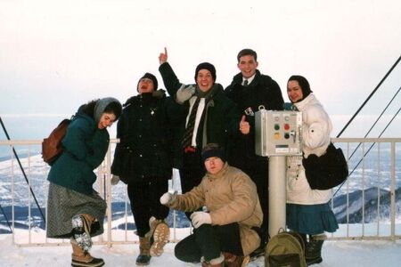 Trying not to let the snow depress us, my Kotoni chiiki went and rode the Gondola to the top of Teine's ski-jo overlooking our area and all of Sapporo. From the left: Sanchez, Kato, Dillon, Kimball (hunched), Briggs, and Akau Shimai.
Jim Dillon
03 Nov 2004