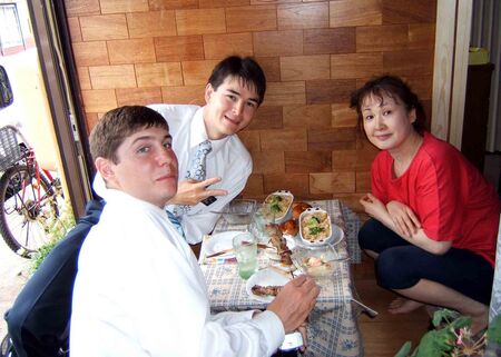 A kind member (Sis Koyohata) feeding Elder Robbins and Elder Oman
Kenji Masato Oman
31 May 2006