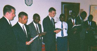 Young Missionaries Singing at Zone
 Conference @ Dar es Salaam, Tanzania
Jeremy Michael Bowen
30 Nov 2001