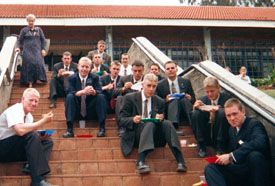 Missionaries gathering in home of my counselor, Elder Glenn Goodrich, and wife, Boutiful, Utah,  for zone conference, Dar es Salaam, Tanzania.
Jeremy Michael Bowen
30 Nov 2001