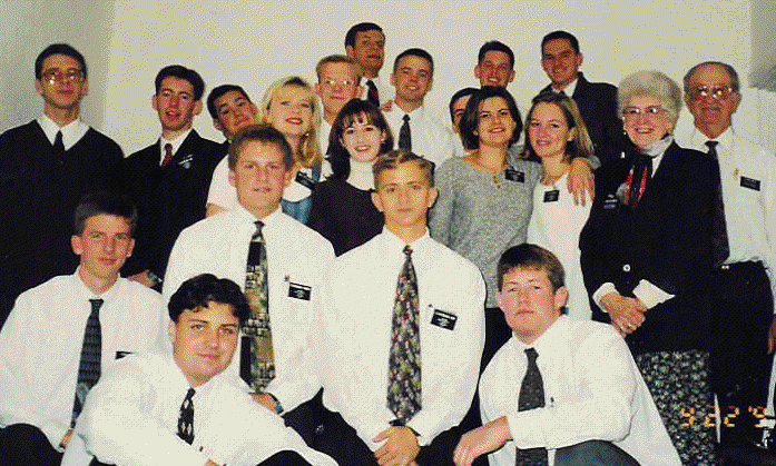 I just thought it would be cool to post one of the millions of group pictures I took.  I know this is terrible but I am having a hard time remembering everyones name in this picture.
Joseph B. Oliverson
27 Apr 2001