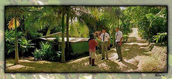 Elder Rodrigez and Elder Vali talking to Joey the farm near Benson's in Saipan
Del Benson
06 Dec 2003