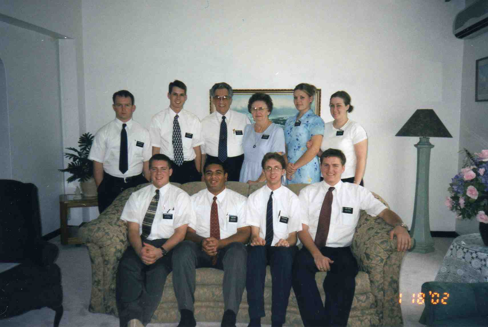Left to Right:  Top Row Elders Pattan, Jensen, President and Sister Bangerter, Sisters Bender, Neddo, 
Bottom Row Elders Mortensen, Kofe, Kitchen, Jenkins
Matthew Thomas Kitchen
27 Aug 2004