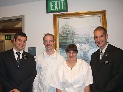 My cousin Jodi was FINALLY baptized on July 22nd. Elder Johnson and Elder Ricks were the missionaries that taught her and her boyfriend Robert baptized and confirmed her.
Calla Allen
24 Jul 2006