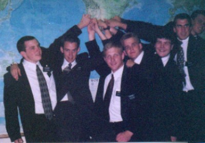 Pointing to their next two years Elders Knight, Peterson, Ridley, Bailey, Acquisto and Moen do the classic MTC photo.  The elders ended up entering the mission field the exact same time as President Mansell.
Cory Matthew Bailey
08 Nov 2002