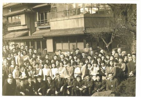 Gathering of Members and Missionaries in Rear Garden of Chuo Shibu, Omote Sando, Tokyo, c.a. 1965. Some identifiable faces - Back row, left, 5th from lft Bro. Watabe (one of two mission translaters); middle rear Elder Kit D. Smith; rear right 2nd from right, Elder Robert A. Russell; front row extrme left Elder Bryant Hinckley Wadsworth.
Who are the rest???  Please let Wayne W. Summers know by e. mail.
George Moody McCune
20 Dec 2007